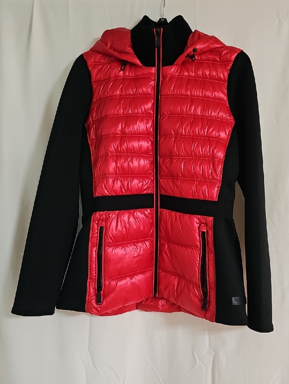 Calvin Klein Red and Black Quilted Hooded Puffer Jacket